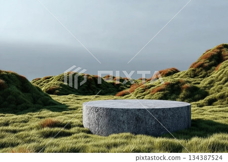 Abstract 3d render platform and mockup natural background, Stone podium on the grass field backdrop meadow mountain for product stand display, advertising or etc Abstract 3d render platform and mockup natural background, Stone podium on the grass field backdrop meadow mountain for product stand display, advertising or etc 134387524
