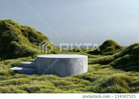Abstract 3d render platform and mockup natural background, Stone podium on the grass field backdrop meadow mountain for product stand display, advertising or etc Abstract 3d render platform and mockup natural background, Stone podium on the grass field backdrop meadow mountain for product stand display, advertising or etc 134387525