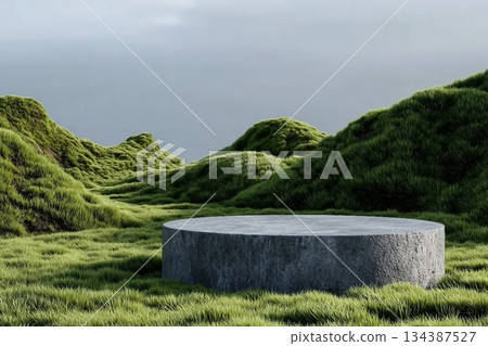 Abstract 3d render platform and mockup natural background, Stone podium on the grass field backdrop meadow mountain for product stand display, advertising or etc Abstract 3d render platform and mockup natural background, Stone podium on the grass field backdrop meadow mountain for product stand display, advertising or etc 134387527