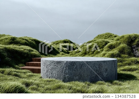 Abstract 3d render platform and mockup natural background, Stone podium on the grass field backdrop meadow mountain for product stand display, advertising or etc Abstract 3d render platform and mockup natural background, Stone podium on the grass field backdrop meadow mountain for product stand display, advertising or etc 134387528