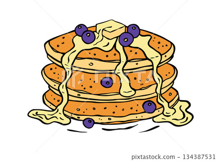 Blueberry Pancake With Syrup In Sketch Retro Doodle Style Cartoon Vector Illustration 134387531