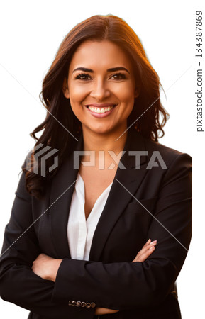 A Latina business leader with a vibrant presence, her smile warm and inviting, as golden light envelops her, symbolizing creativity 134387869