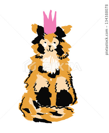A cute little cat wearing a pink crown, illustrated in a whimsical style. A colourful sketch. A cute little cat wearing a pink crown, illustrated in a whimsical style. A colourful sketch. 134388078