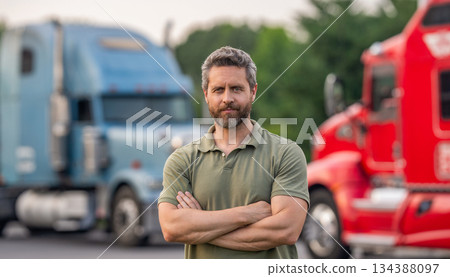 Transportation vehicles. Semi trucks vehicle. Hispanic man trucker. Handsome man driver in front of truck. Trucking owner. Truck driver. Man trucker driver near lorry truck. Trucking company Transportation vehicles. Semi trucks vehicle. Hispanic man trucker. Handsome man driver in front of truck. Trucking owner. Truck driver. Man trucker driver near lorry truck. Trucking company 134388097