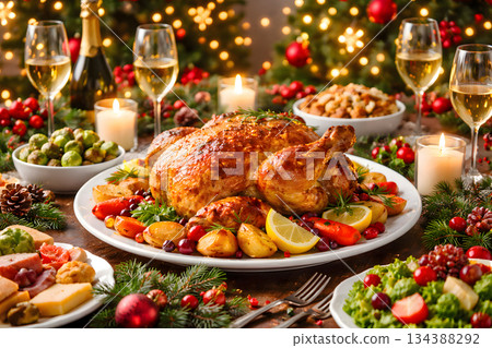 聖誕晚宴餐桌上擺放著烤雞，營造出節慶氣氛。 134388292