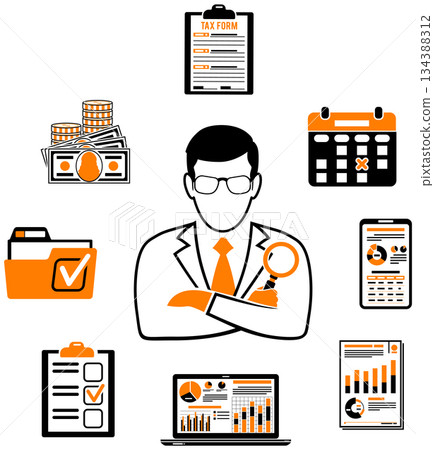 Auditing, Tax, Accounting two color icons set 134388312