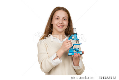 Back to school. Teen girl with microscope isolated on white. Biology science for schoolgirl. Microscope research. Scientific method. School biology girl hold microscope. Student of biology Back to school. Teen girl with microscope isolated on white. Biology science for schoolgirl. Microscope research. Scientific method. School biology girl hold microscope. Student of biology 134388318