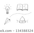 Doodle icons of school supplies and items. Vector illustration of a sketch book, a paper airplane, a light bulb and a bell. 134388324