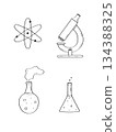Atom model, microscope and tube doodle icons for scientific experiments and research. Vector illustration of a sketch on a white background. 134388325