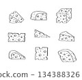 Cheese with holes vector doodle illustration. A set of pieces of maasdam cheese. Isolated on white background. 134388326