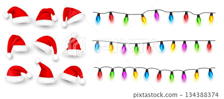 Christmas glowing lights. Festival garlands with colorful bulbs. Greeting card design element. New Year, winter holidays Christmas glowing lights. Festival garlands with colorful bulbs. Greeting card design element. New Year, winter holidays 134388374