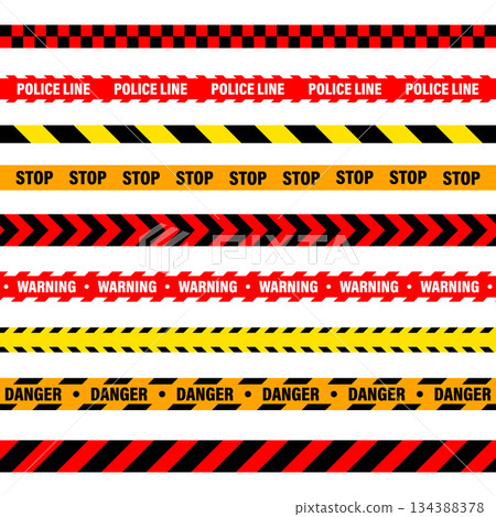 Barricade construction tape. Colorful police warning line, brightly colored danger or hazard stripe, ribbon. Restricted area, zone. Attention symbol. Vector illustration 134388378