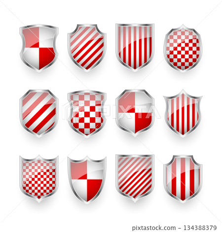 Glossy shields with red and black white. Security and protection concept. Cyber safety icons, internet privacy, web defense, digital data protection and antivirus themes. Vector illustration Glossy shields with red and black white. Security and protection concept. Cyber safety icons, internet privacy, web defense, digital data protection and antivirus themes. Vector illustration 134388379