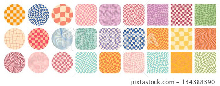 Groovy checkered pattern, colorful tiled grid. Vintage wavy curved backdrop, distortion effect. Funky geometric chessboard texture, retro background in 90s style, y2k. Vector illustration 134388390