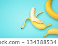 Open ripe banana on blue background. Space for text 134388534