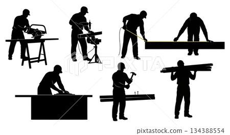 Carpenter and Woodworking Silhouette Vector Set 134388554