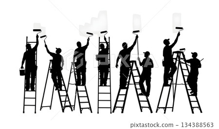 Painters with Rollers and Ladders Silhouette Pack 134388563