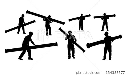 Workers Carrying Pipes Silhouette Set Workers Carrying Pipes Silhouette Set 134388577