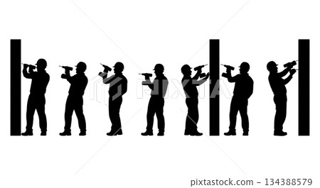 Worker with Power Drill Silhouette Set Worker with Power Drill Silhouette Set 134388579
