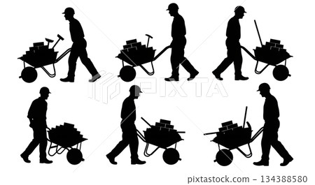 Worker Pushing Wheelbarrow Silhouette Collection 134388580