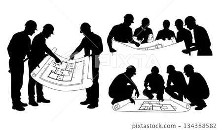 Construction Team with Blueprint Silhouettes 134388582