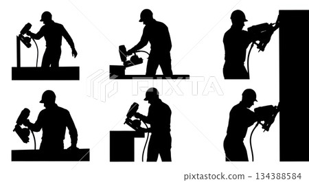 Worker with Nail Gun Silhouette Set 134388584
