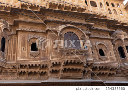 India, Facade of the Nathmal Ki Haveli, a historic mansion located in Jaisalmer. 134388660