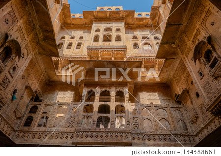 India, Facade of the Nathmal Ki Haveli, a historic mansion located in Jaisalmer. 134388661