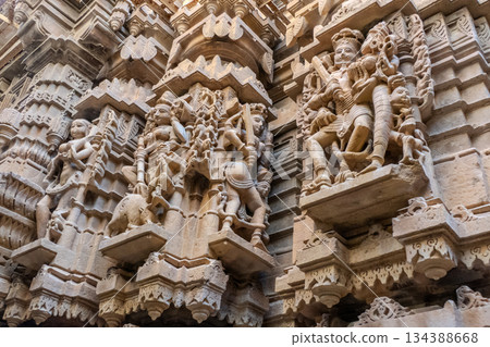India, Interior of a Jain temple, intricate sculptures found on Jain temples in Jaisalmer Fort, 134388668