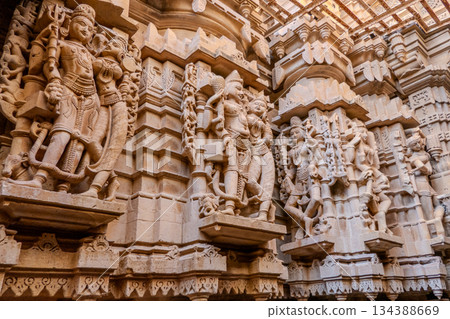 India, Interior of a Jain temple, intricate sculptures found on Jain temples in Jaisalmer Fort, 134388669