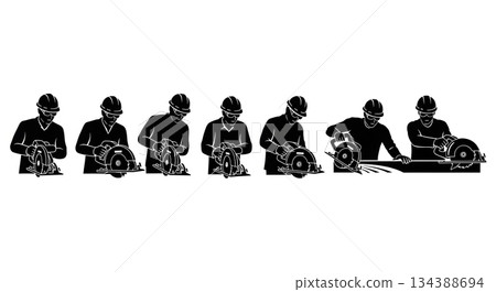 Worker with Circular Saw Silhouette Set Worker with Circular Saw Silhouette Set 134388694