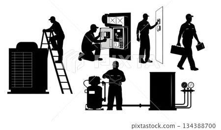 HVAC Technician at Work Silhouette Set 134388700