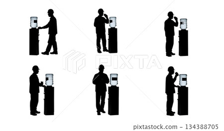 Hydration Break at Water Cooler Silhouettes 134388705