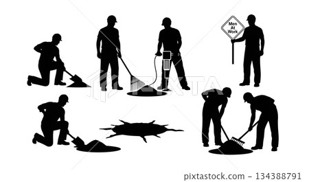 Road Crew Patching Pothole Silhouettes 134388791