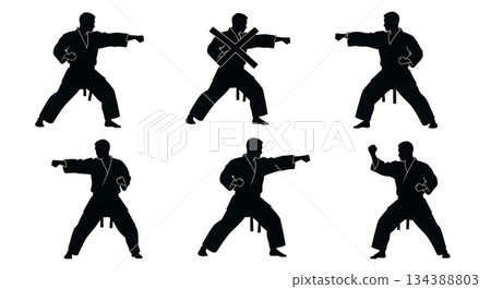 Six Karate Punch Action Silhouettes Six Karate Punch Action Silhouettes 134388803
