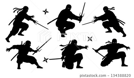 Stealthy Ninja Pose and Weapon Silhouette Collection Stealthy Ninja Pose and Weapon Silhouette Collection 134388820