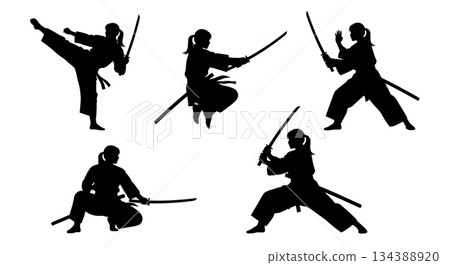 Female Samurai with Katana Silhouette Set Female Samurai with Katana Silhouette Set 134388920