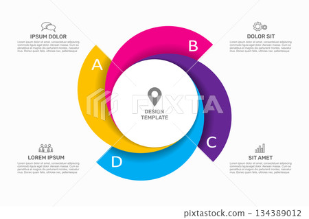 Circular infographic with segments and icons, ideal for process visualization, planning, or presentation. Vector illustration. Circular infographic with segments and icons, ideal for process visualization, planning, or presentation. Vector illustration. 134389012
