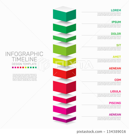Vertical infographic timeline with 3D gradient blocks and labeled sections for process visualization or presentation use. Vector. Vertical infographic timeline with 3D gradient blocks and labeled sections for process visualization or presentation use. Vector. 134389016