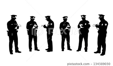 Six Police Officers Writing Tickets Silhouettes Six Police Officers Writing Tickets Silhouettes 134389030