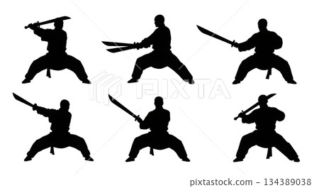 Kung Fu Broadsword Stance Silhouettes Kung Fu Broadsword Stance Silhouettes 134389038