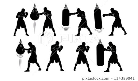 Boxer with Heavy Bag Training Silhouettes Boxer with Heavy Bag Training Silhouettes 134389041