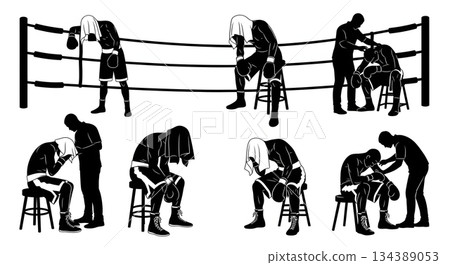 Exhausted Fighter Between Rounds Silhouettes 134389053
