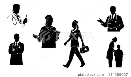 Six Doctor and Nurse Action Silhouettes 134389067