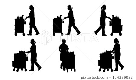 Nurse with Medical Cart Silhouette Set Nurse with Medical Cart Silhouette Set 134389082