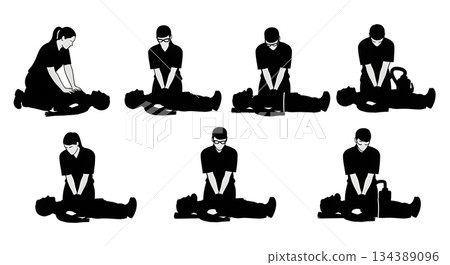 Paramedic Performing CPR Silhouette Set Paramedic Performing CPR Silhouette Set 134389096