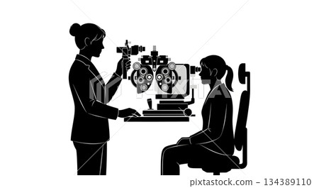 Optometrist and Patient Eye Exam Silhouettes Optometrist and Patient Eye Exam Silhouettes 134389110