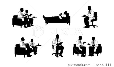 Psychiatrist and Patient Therapy Session Silhouettes 134389111