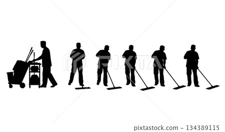 Hospital Orderly Cleaning Floor Silhouettes Hospital Orderly Cleaning Floor Silhouettes 134389115
