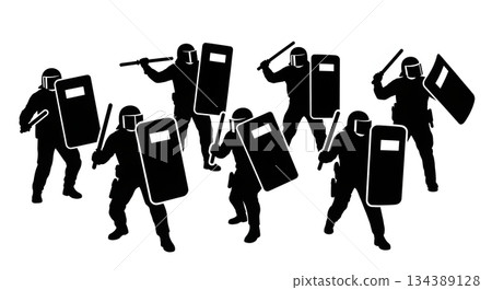 Riot Police with Shields and Batons Silhouette Pack 134389128